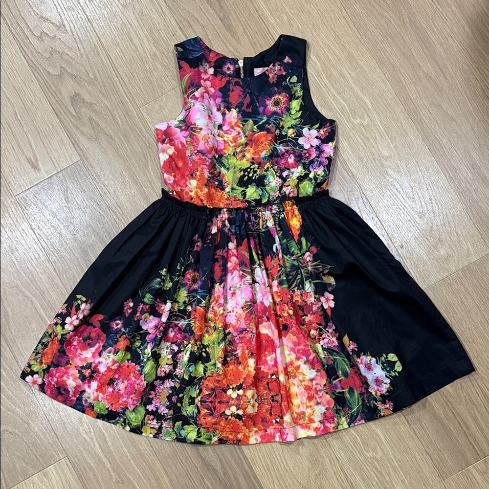 Zoe Ltd. Floral Black and Pink Kids A Line Dress Size 14